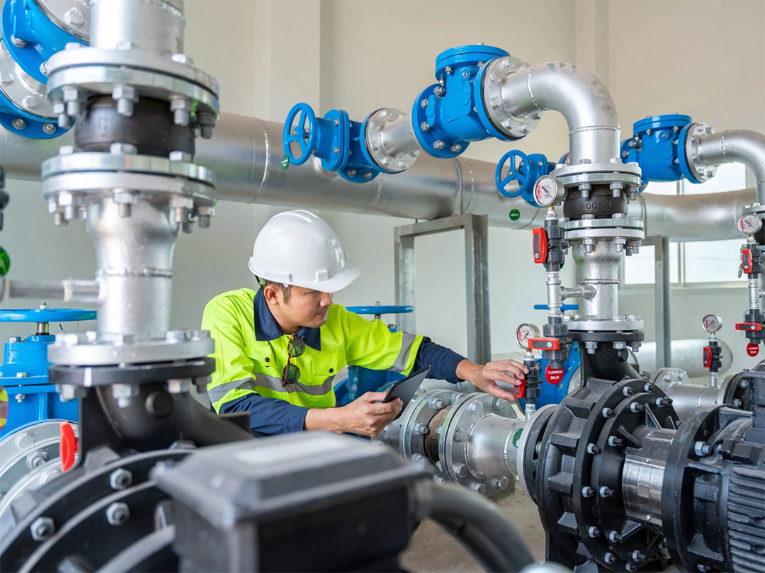 Sala de bombas y tuberías bajo inspección técnica